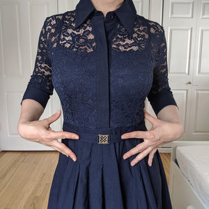 Vintage Lace 3/4 sleeve dark blue A line dress